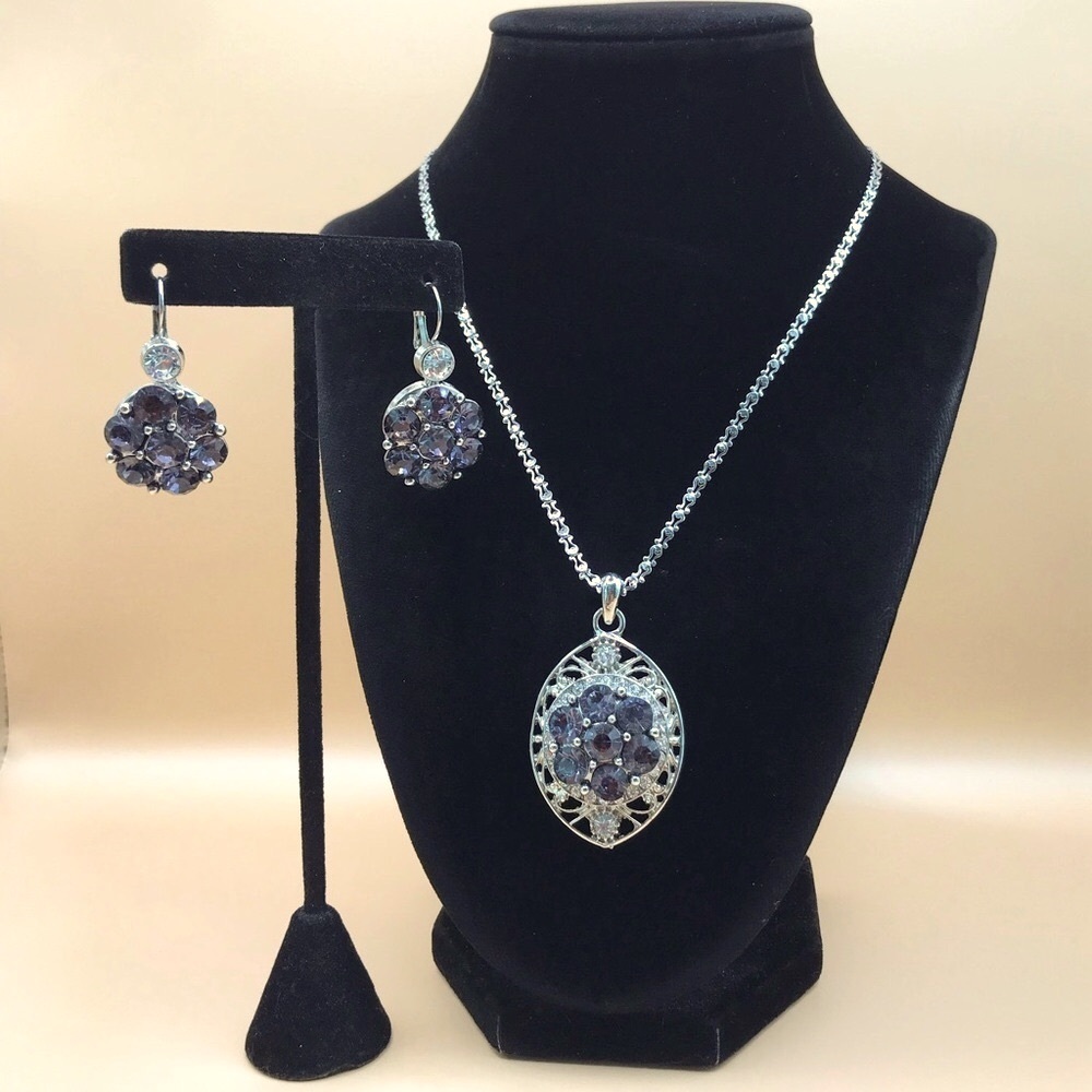 Elegant Silver-Tone & Purple Necklace and Earrings Jewelry Set